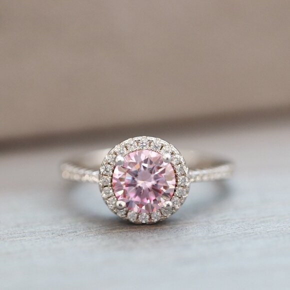 Jewelry - S925 1ct Pink Moissanite Diamond Round Halo Style Engagement Ring Silver